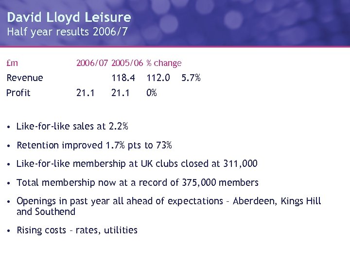 David Lloyd Leisure Half year results 2006/7 £m 2006/07 2005/06 % change Revenue Profit