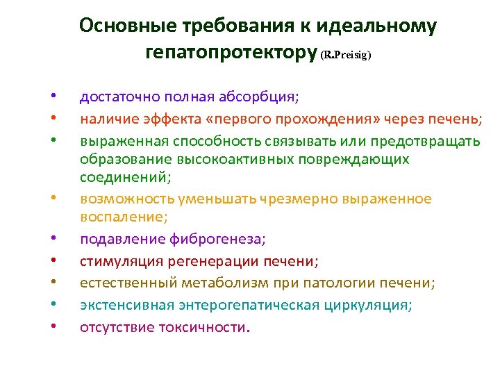 Основные требования к идеальному гепатопротектору (R. Preisig) • • • достаточно полная абсорбция; наличие