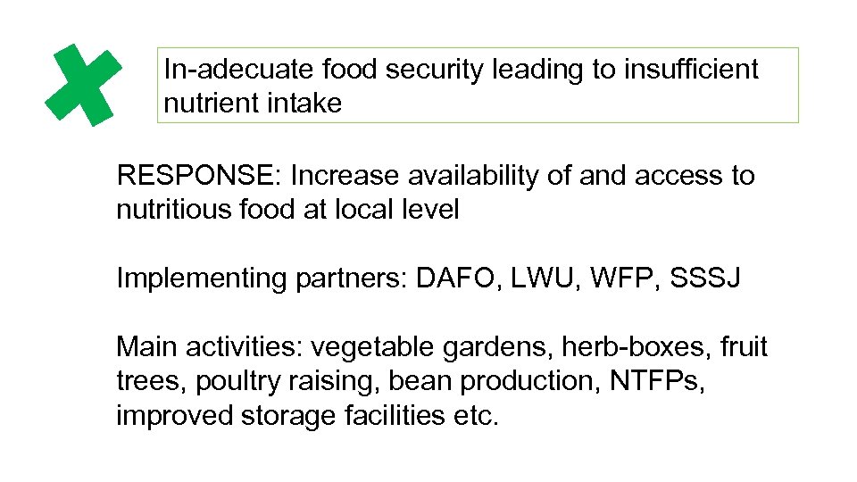 In-adecuate food security leading to insufficient nutrient intake RESPONSE: Increase availability of and access