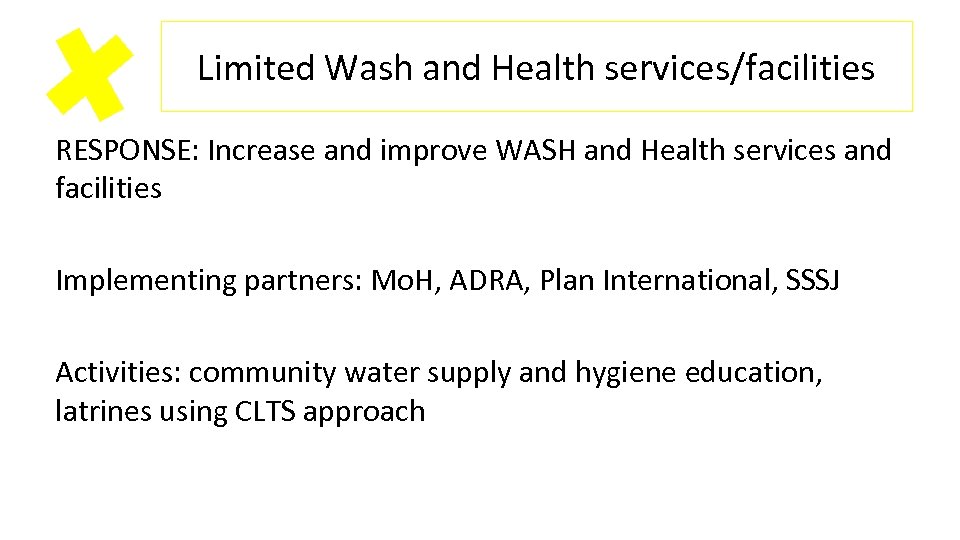 Limited Wash and Health services/facilities RESPONSE: Increase and improve WASH and Health services and