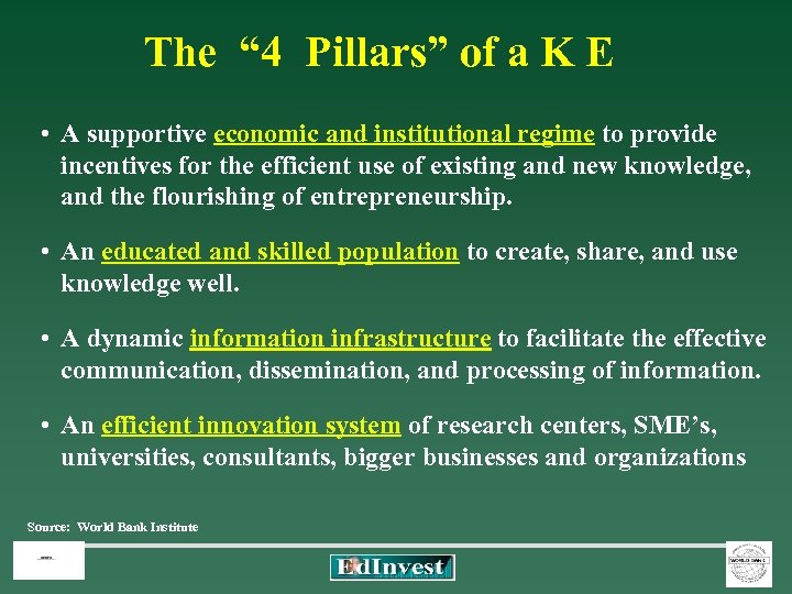 The “ 4 Pillars” of a K E • A supportive economic and institutional