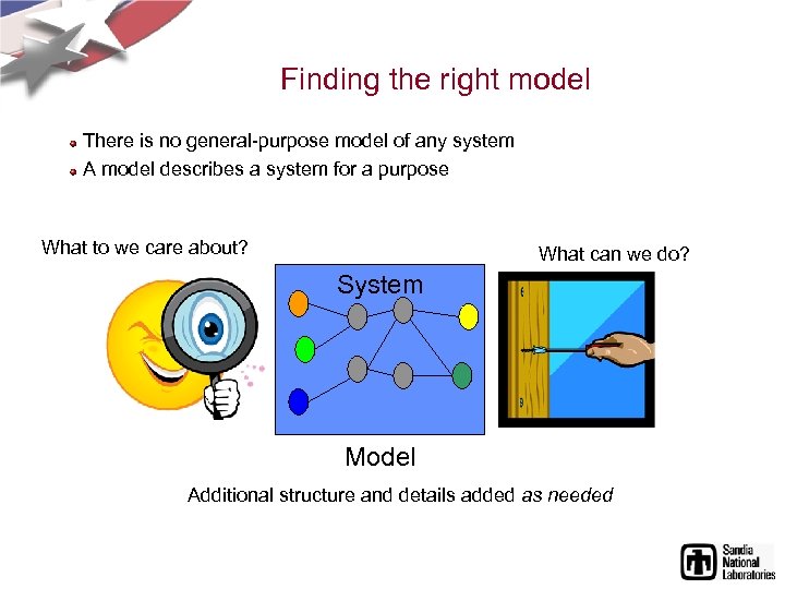 Finding the right model There is no general-purpose model of any system A model