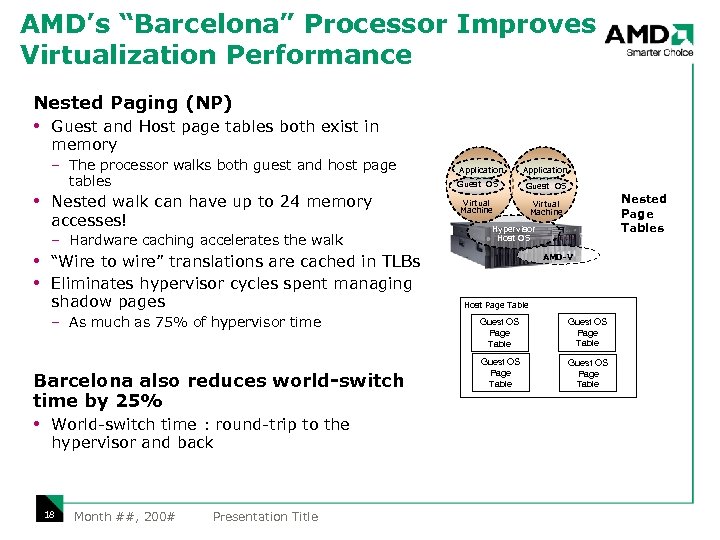 AMD’s “Barcelona” Processor Improves Virtualization Performance Nested Paging (NP) Guest and Host page tables