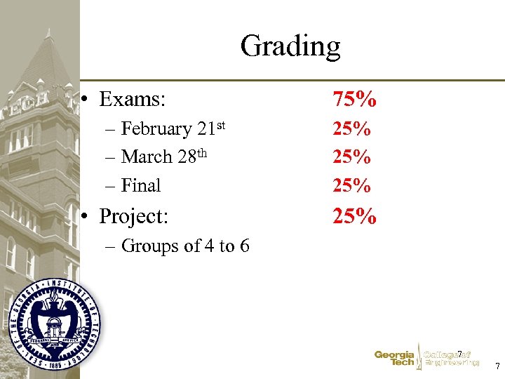 Grading • Exams: – February 21 st – March 28 th – Final •