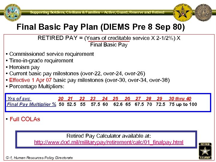 Supporting Soldiers, Civilians & Families – Active, Guard, Reserve and Retired Final Basic Pay