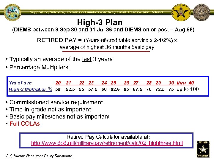 Supporting Soldiers, Civilians & Families – Active, Guard, Reserve and Retired High-3 Plan (DIEMS