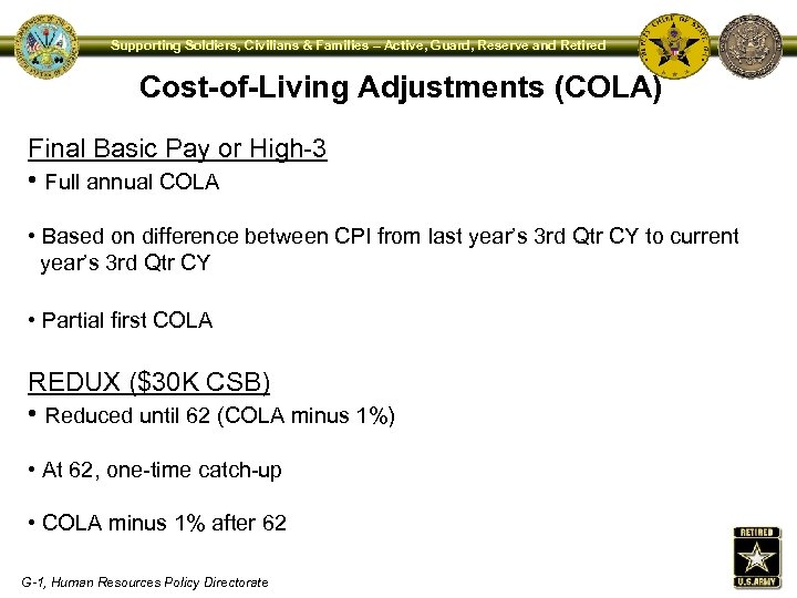 Supporting Soldiers, Civilians & Families – Active, Guard, Reserve and Retired Cost-of-Living Adjustments (COLA)