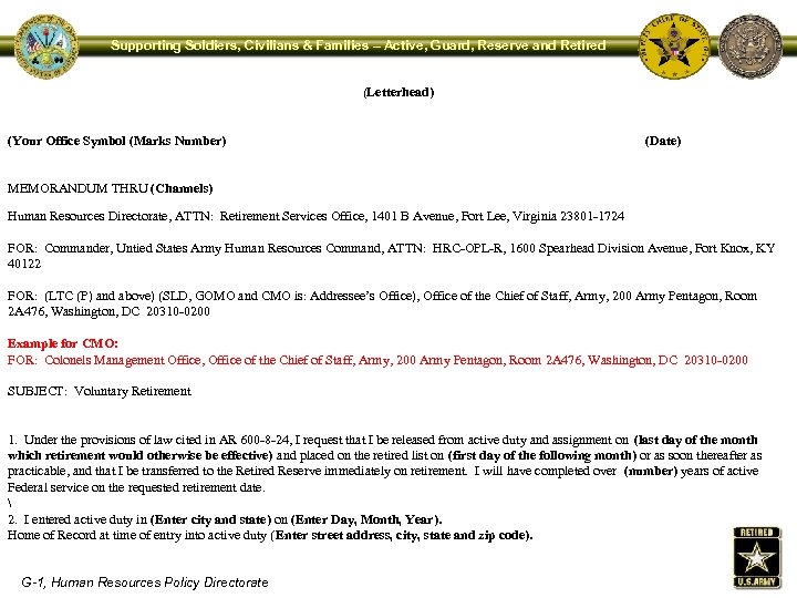 Supporting Soldiers, Civilians & Families – Active, Guard, Reserve and Retired (Letterhead) (Your Office