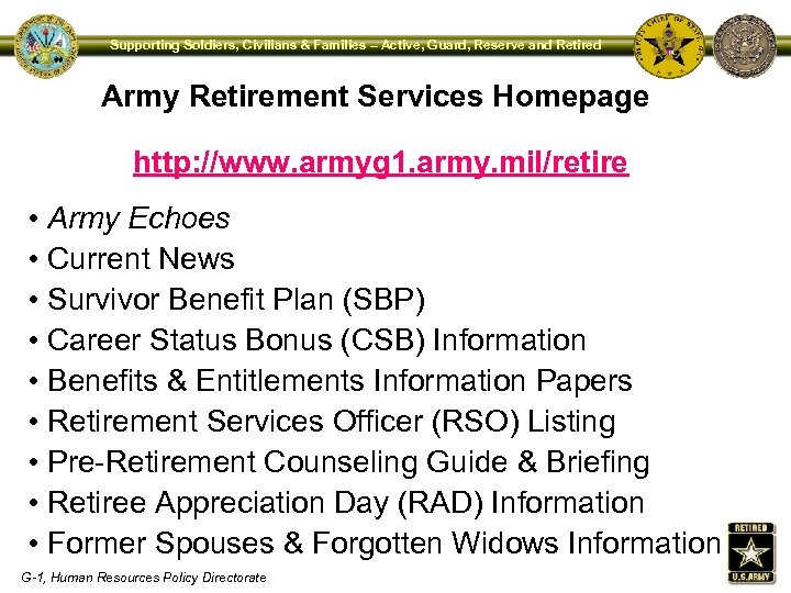 Supporting Soldiers, Civilians & Families – Active, Guard, Reserve and Retired Army Retirement Services