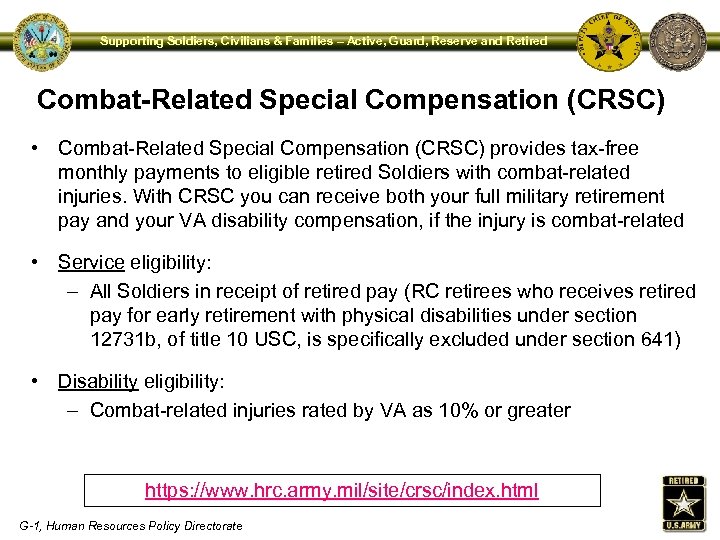 Supporting Soldiers, Civilians & Families – Active, Guard, Reserve and Retired Combat-Related Special Compensation