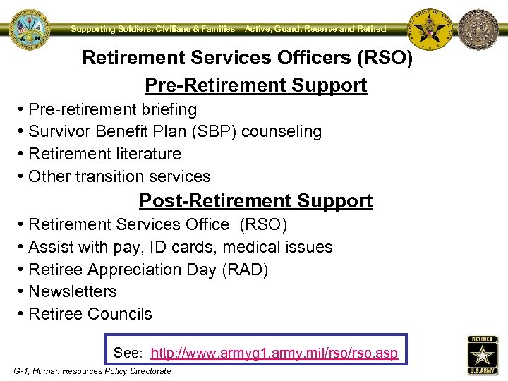 Supporting Soldiers, Civilians & Families – Active, Guard, Reserve and Retirement Services Officers (RSO)