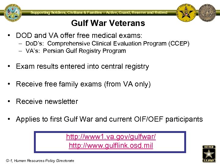 Supporting Soldiers, Civilians & Families – Active, Guard, Reserve and Retired Gulf War Veterans