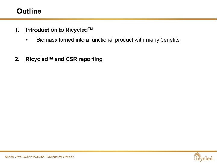 Outline 1. Introduction to Ricycled. TM • 2. Biomass turned into a functional product