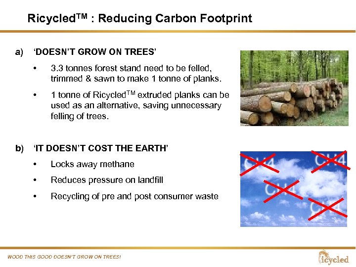 Ricycled. TM : Reducing Carbon Footprint a) ‘DOESN’T GROW ON TREES’ • • b)
