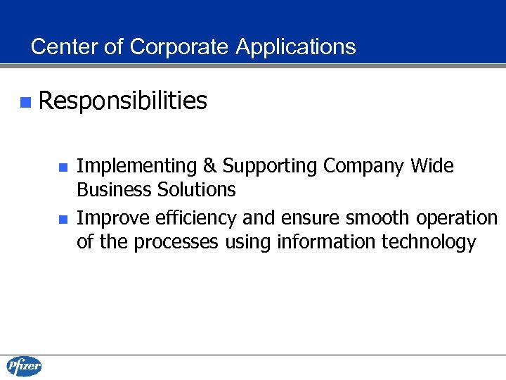 Center of Corporate Applications n Responsibilities n n Implementing & Supporting Company Wide Business
