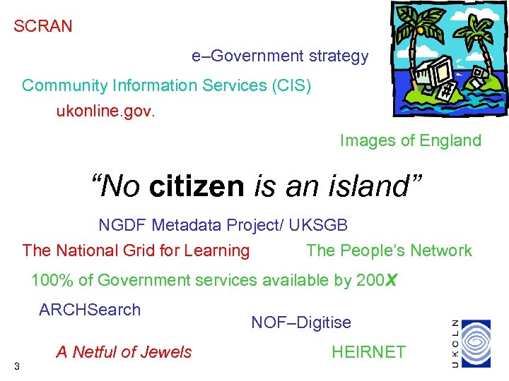 SCRAN e–Government strategy Community Information Services (CIS) ukonline. gov. Images of England “No citizen