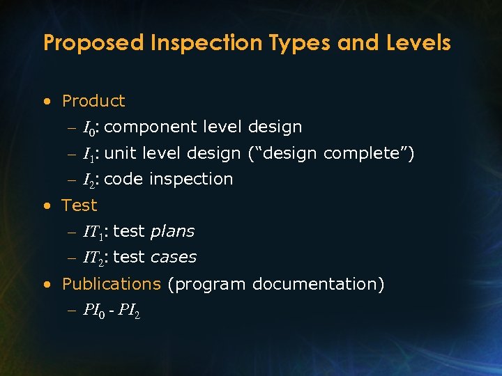 Proposed Inspection Types and Levels • Product – I 0: component level design –