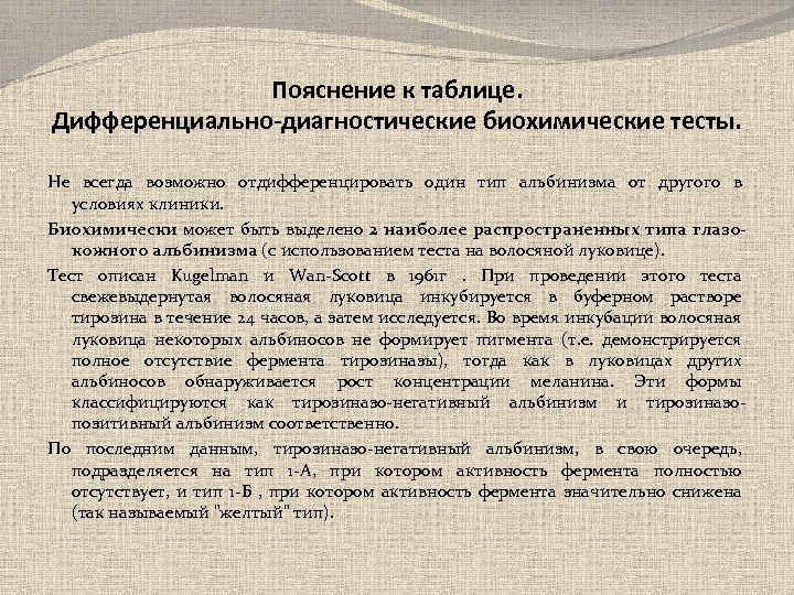 Пояснение к таблице. Дифференциально-диагностические биохимические тесты. Не всегда возможно отдифференцировать один тип альбинизма от