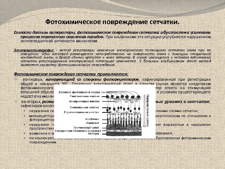 Фотохимическое повреждение сетчатки. Согласно данным литературы, фотохимическое повреждение сетчатки обусловлено усилением процессов перекисного окисления