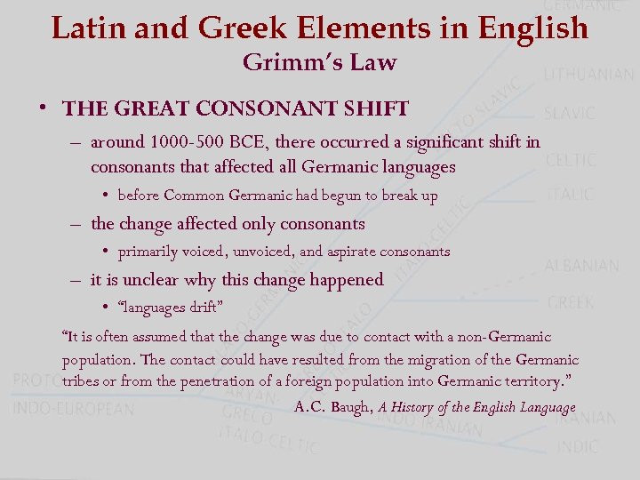 Latin and Greek Elements in English Grimm’s Law • THE GREAT CONSONANT SHIFT –
