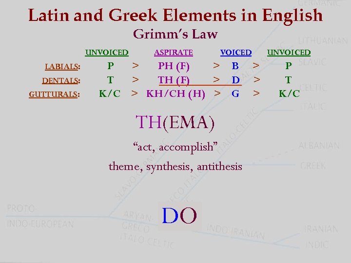 Latin and Greek Elements in English Grimm’s Law UNVOICED LABIALS: DENTALS: GUTTURALS: ASPIRATE VOICED