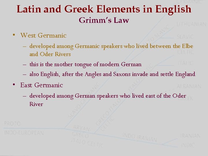 Latin and Greek Elements in English Grimm’s Law • West Germanic – developed among