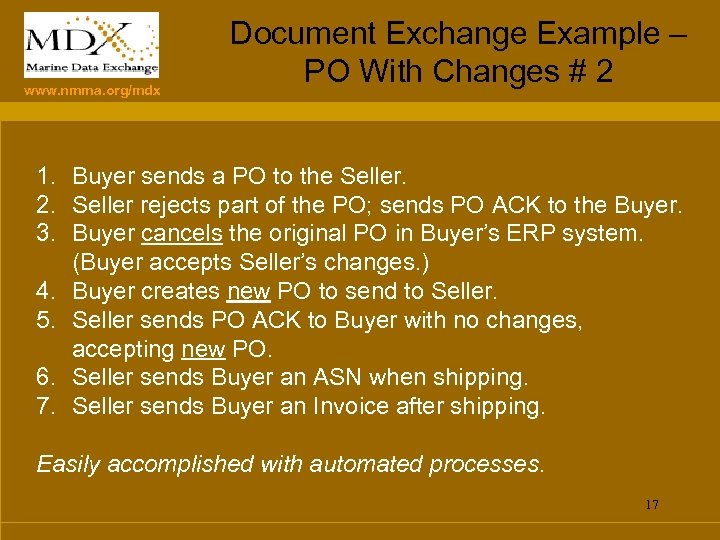 www. nmma. org/mdx Document Exchange Example – PO With Changes # 2 1. Buyer