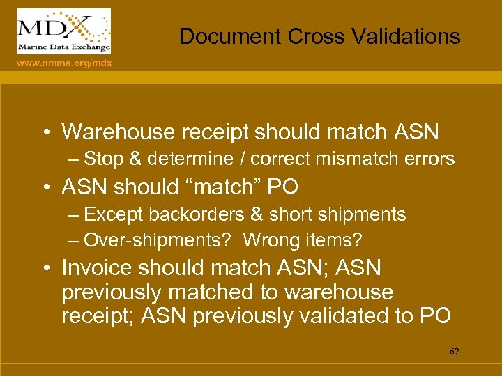 Document Cross Validations www. nmma. org/mdx • Warehouse receipt should match ASN – Stop