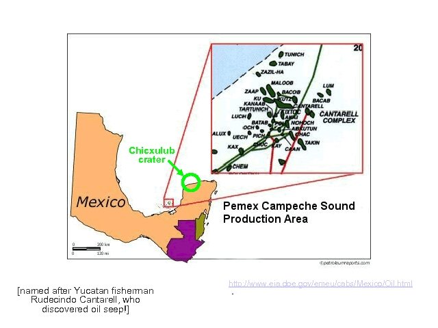Chicxulub crater [named after Yucatan fisherman Rudecindo Cantarell, who discovered oil seep!] http: //www.