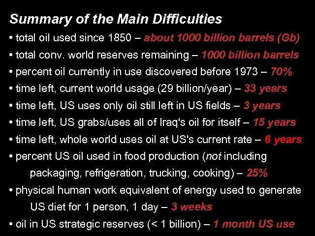 Summary of the Main Difficulties • total oil used since 1850 – about 1000