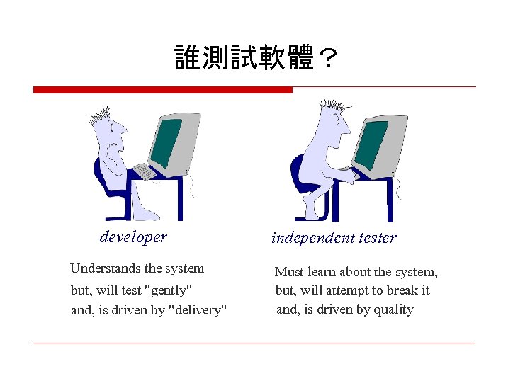 誰測試軟體？ developer Understands the system but, will test "gently" and, is driven by "delivery"