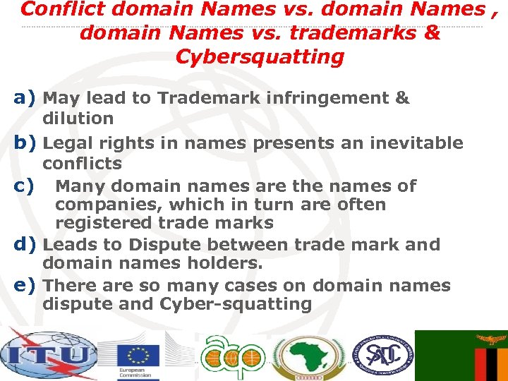 Conflict domain Names vs. domain Names , domain Names vs. trademarks & Cybersquatting a)