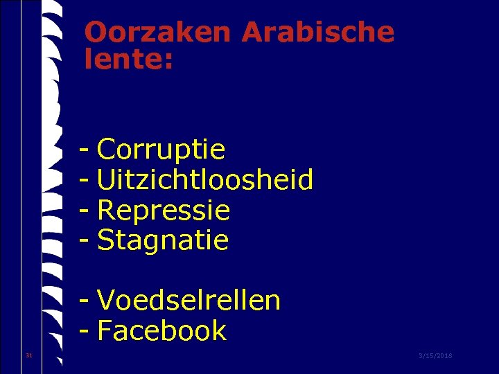 Oorzaken Arabische lente: - Corruptie - Uitzichtloosheid - Repressie - Stagnatie - Voedselrellen -
