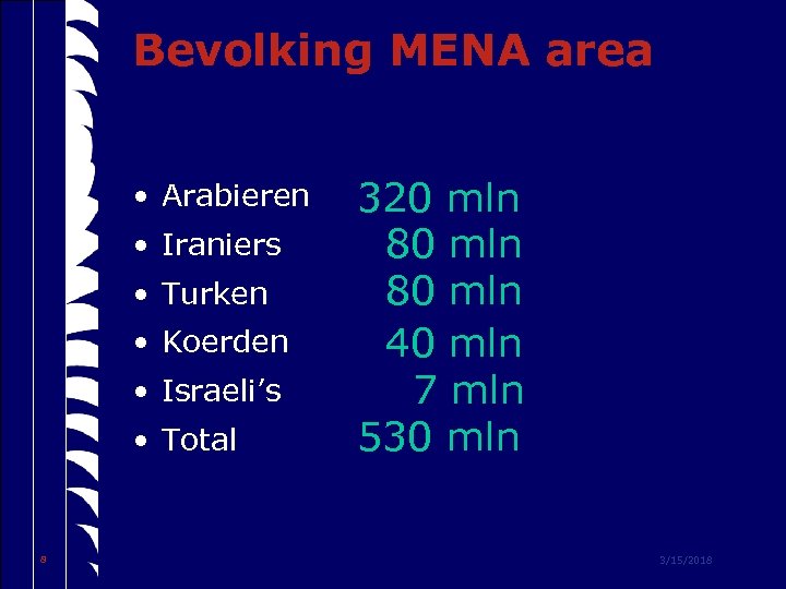 Bevolking MENA area • Arabieren • Iraniers • Turken • Koerden • Israeli’s •