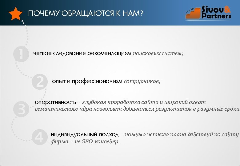ПОЧЕМУ ОБРАЩАЮТСЯ К НАМ? четкое следование рекомендациям поисковых систем; опыт и профессионализм сотрудников; оперативность