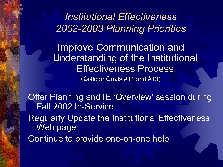 Institutional Effectiveness 2002 -2003 Planning Priorities Improve Communication and Understanding of the Institutional Effectiveness