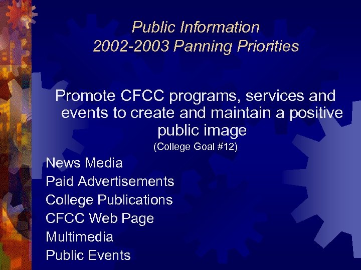 Public Information 2002 -2003 Panning Priorities Promote CFCC programs, services and events to create