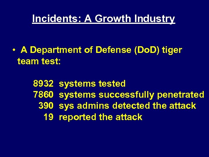 Incidents: A Growth Industry • A Department of Defense (Do. D) tiger team test: