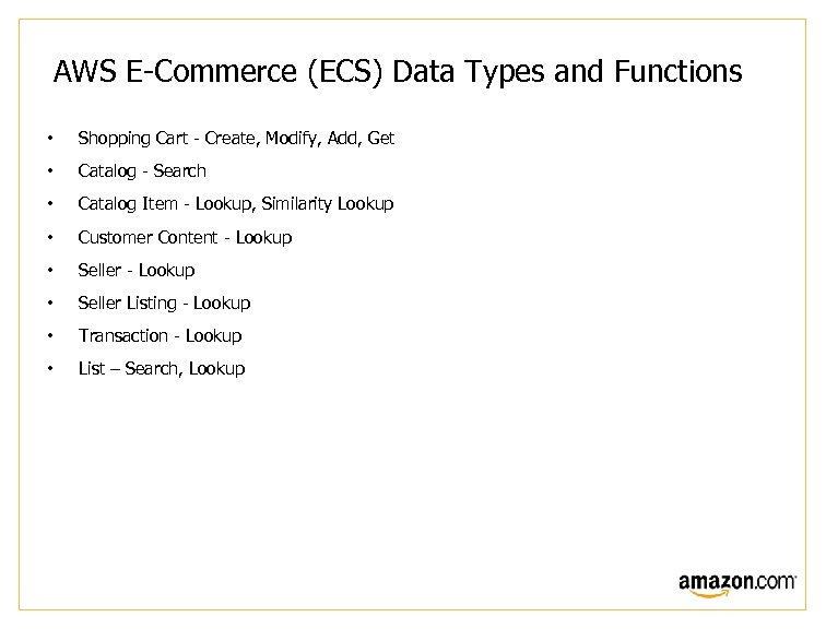 AWS E-Commerce (ECS) Data Types and Functions • Shopping Cart - Create, Modify, Add,