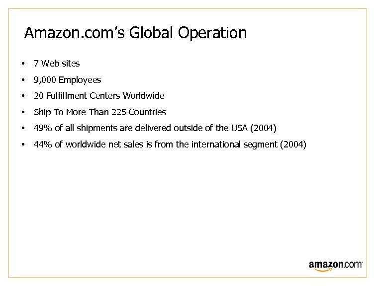 Amazon. com’s Global Operation • 7 Web sites • 9, 000 Employees • 20