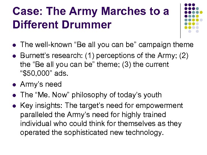 Case: The Army Marches to a Different Drummer l l l The well-known “Be