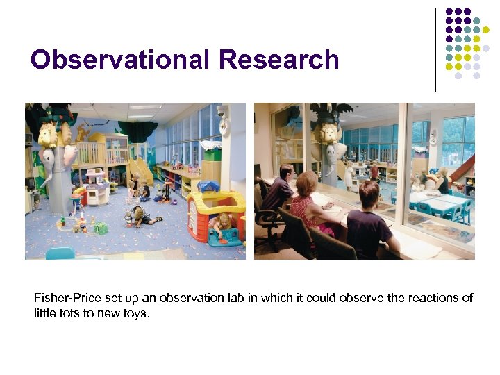 Observational Research Fisher-Price set up an observation lab in which it could observe the