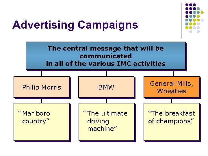 Advertising Campaigns The central message that will be communicated in all of the various