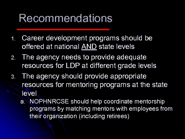 Recommendations 1. 2. 3. Career development programs should be offered at national AND state