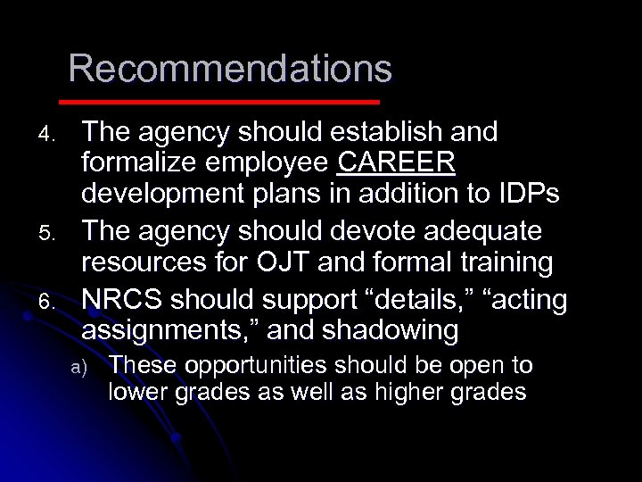 Recommendations 4. 5. 6. The agency should establish and formalize employee CAREER development plans