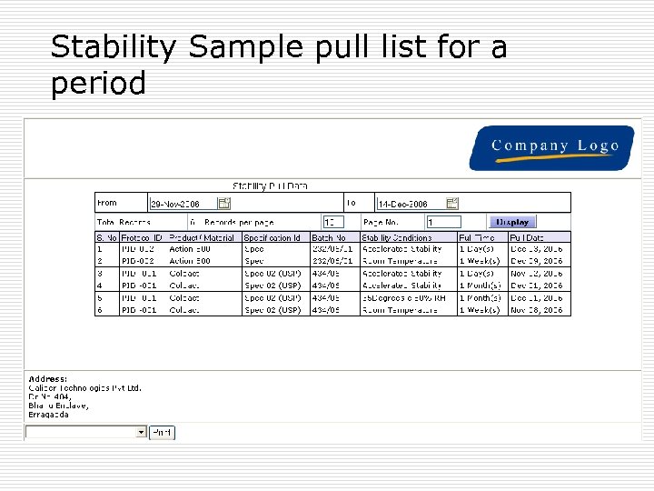 Stability Sample pull list for a period 
