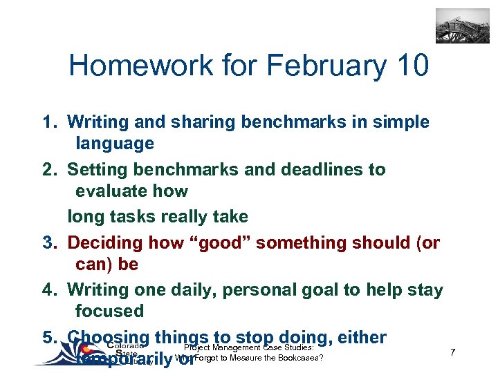 Homework for February 10 1. Writing and sharing benchmarks in simple language 2. Setting