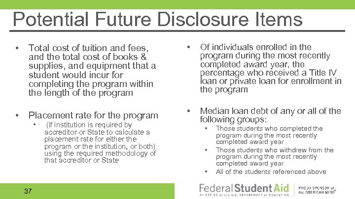 Potential Future Disclosure Items • Total cost of tuition and fees, and the total