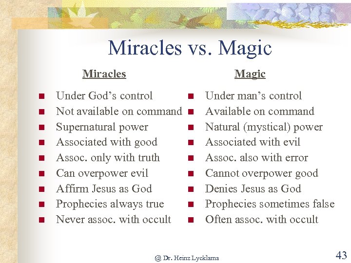 Miracles vs. Magic Miracles n n n n n Magic Under God’s control Not