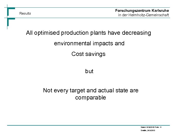 Forschungszentrum Karlsruhe in der Helmholtz-Gemeinschaft Results All optimised production plants have decreasing environmental impacts